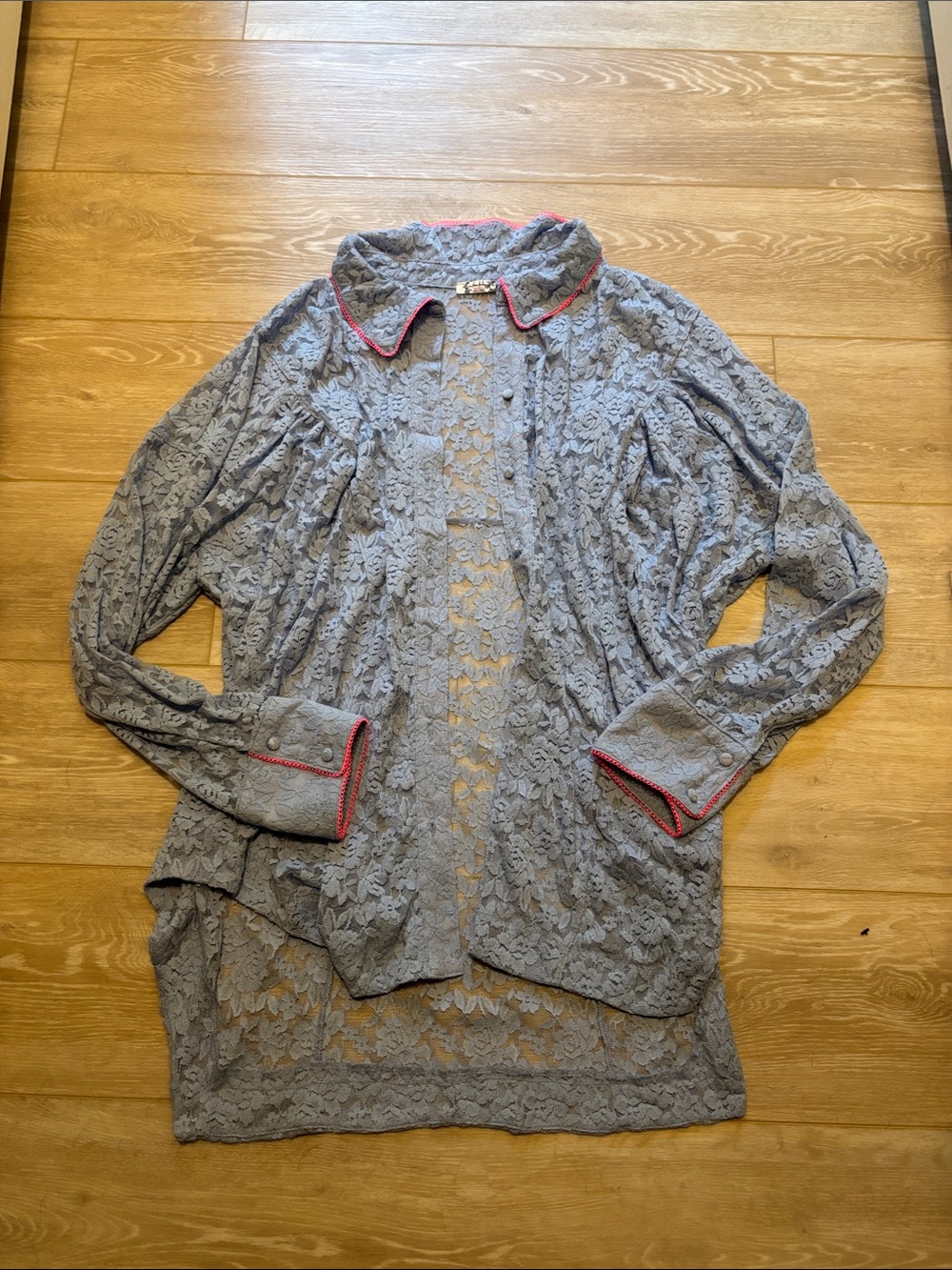 Delicate Baby Blue Lace Button-Front Women's Top with Pink Trim